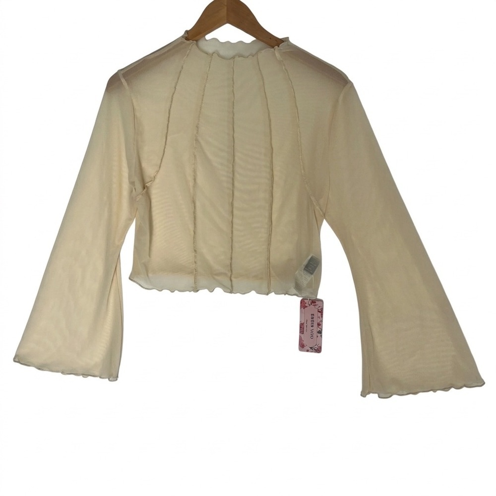 NWT SHEIN MOD Women's Exposed Seam Mesh Cream Long-Sleeve Blouse Whimsigoth Boho